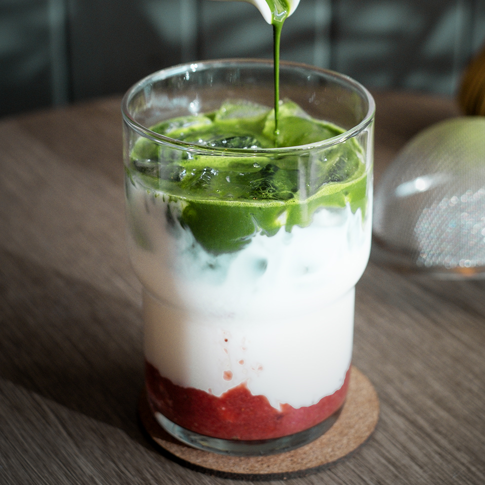 Iced strawberry matcha latte